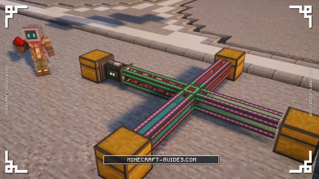A Logistical Sorter on a Chest sending items down a Logistical Transporter line that splits into three Chests in Mekanism