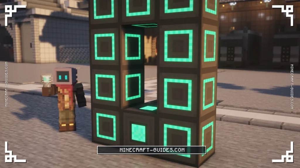 A built Mekanism Teleporter frame 3 wide and 4 tall with the Teleporter block at its base