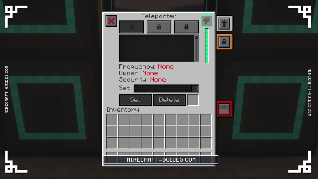 The Mekanism Teleporter screen with its frequency, owner and security fields