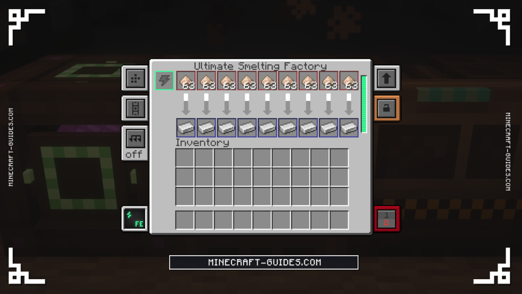 An Ultimate Smelting Factory screen in Mekanism smelting Iron Dust in all 9 slots at once